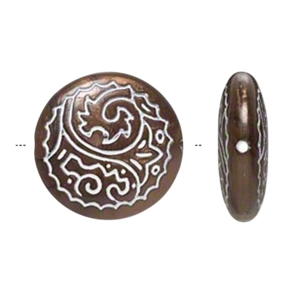 Vintage 80s Bronze White Large 25mm Carved Flat Round Acrylic Beads 2 pcs